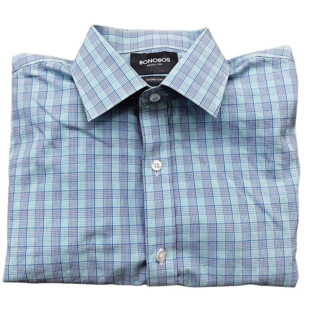 Bononos - Blue Plaid Tailored Slim Fit Wrinkly Free Italian Dress Shirt 15.5 33
